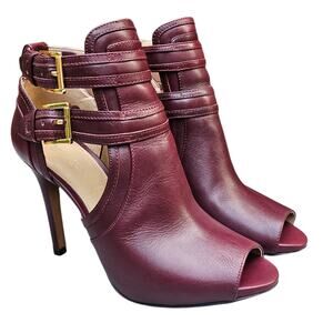 Stiletto Ankle Bootie MMK Blaze Size 7 OpenToe Buckle High Heel Burgundy Leather